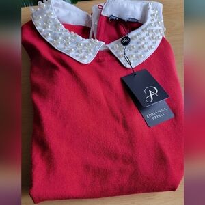 Adrianna Papell Crimson Top with Pearl Collar Size M.